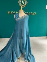 Serene Teal Saree with Golden Elephant Motifs
