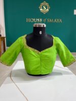 Lime Green Silk Blouse(Pure Raw Silk) with Leaf Embroidery