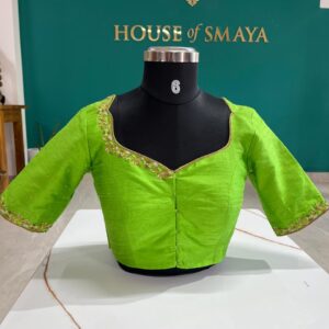 Lime Green Silk Blouse(Pure Raw Silk) with Leaf Embroidery