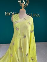 Elegant Lemon Yellow Saree with Floral Embroidery & Contrast Border - Image 2