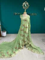 Green Saree with Floral Embroidery & Zari Border - Image 3