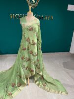 Green Saree with Floral Embroidery & Zari Border