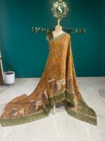 Mustard Yellow & Olive Green Printed Saree with Ethnic Motifs