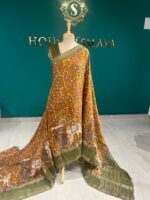 Mustard Yellow & Olive Green Printed Saree with Ethnic Motifs - Image 3