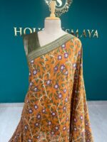 Mustard Yellow & Olive Green Printed Saree with Ethnic Motifs - Image 2