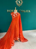 Bandhani Orange Saree with White Tie-Dye & Leaf Border