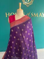 Cotton Banarasi Purple Saree with Golden Zari & Red Border - Image 3