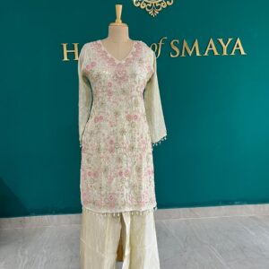 Tissue Handwork Set – Cream Kurta with Palazzo & Embroidery