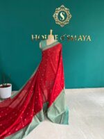 Banarasi Cotton Red Saree with Green Zari Border