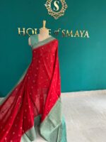 Banarasi Cotton Red Saree with Green Zari Border - Image 3