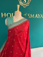 Banarasi Cotton Red Saree with Green Zari Border - Image 2