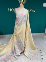 Pure Tussar Silk Beige Saree with Pastel Floral Print Border & Pallu - Image 2
