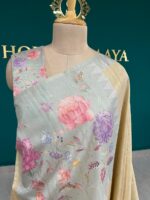 Pure Tussar Silk Beige Saree with Pastel Floral Print Border & Pallu - Image 3