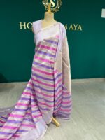 Tissue Silk Lilac Saree with Golden & Pink Stripes - Image 3