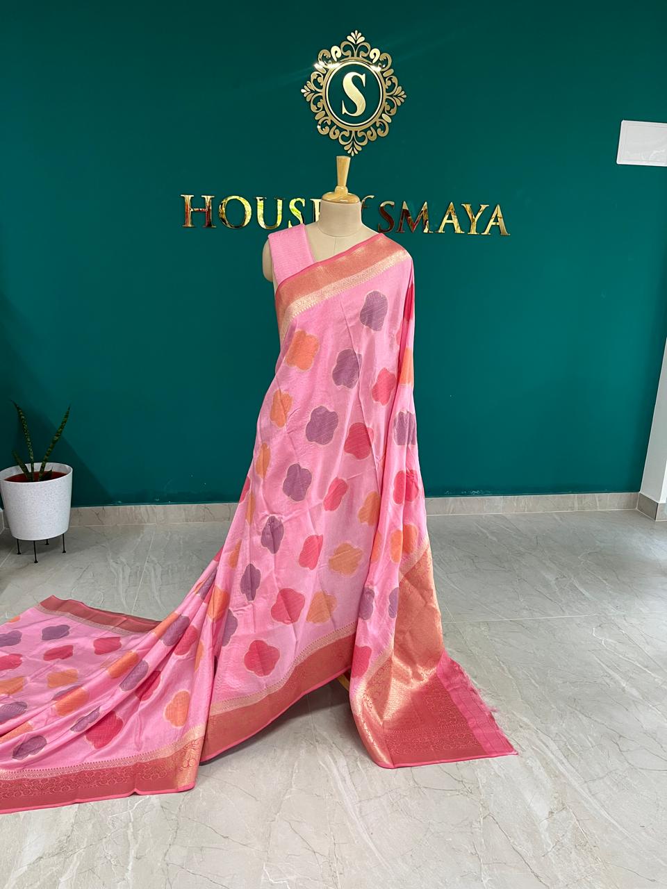 WhatsApp Image 2025-09-25 at 7.23.01 AM Organza Silk Pink Saree with Multicolor Floral Motifs & Golden Border - Image 1