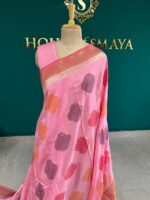 Organza Silk Pink Saree with Multicolor Floral Motifs & Golden Border - Image 3