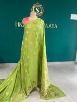 Mashru Silk Green Saree with Golden Zari Buttas & Multicolor Motifs