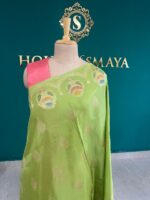 Mashru Silk Green Saree with Golden Zari Buttas & Multicolor Motifs - Image 2