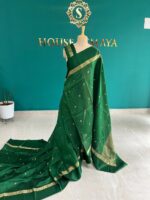 Pure Tussar Silk Emerald Green Saree with Golden Zari Border - Image 2