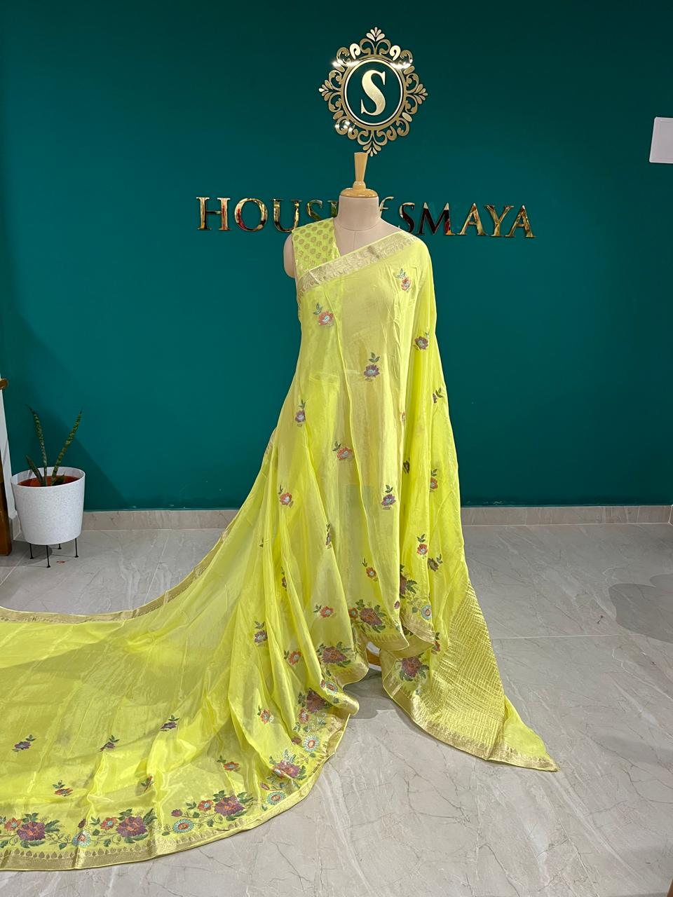 WhatsApp Image1 Elegant Lemon Yellow Saree with Floral Embroidery & Contrast Border - Image 1