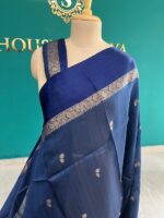 Pure Tussar Silk Navy Blue Saree with Golden Zari Border - Image 3