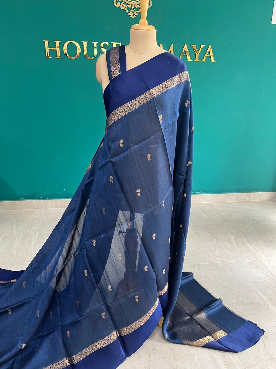 pure tuhssar silk (3) Pure Tussar Silk Navy Blue Saree with Golden Zari Border - Image 1