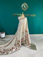 Elegant Beige Malai Silk Saree with Hand-Painted Floral Border