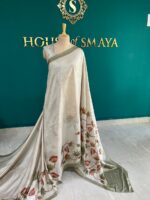 Elegant Beige Malai Silk Saree with Hand-Painted Floral Border - Image 3
