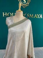 Elegant Beige Malai Silk Saree with Hand-Painted Floral Border - Image 2