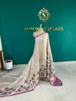 Soft Ivory Malai Silk Saree with Hand-Painted Lotus Motifs and Mauve Border - Image 3
