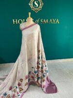 Soft Ivory Malai Silk Saree with Hand-Painted Lotus Motifs and Mauve Border