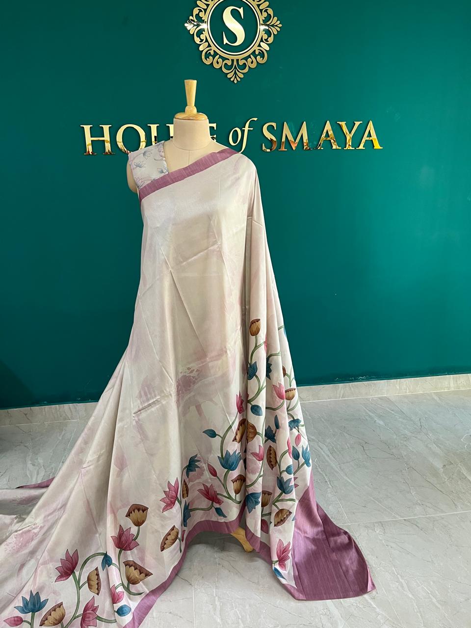 WhatsApp Image 2025-10-06 at 3.38.46 PM(4) Soft Ivory Malai Silk Saree with Hand-Painted Lotus Motifs and Mauve Border - Image 1
