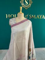 Soft Ivory Malai Silk Saree with Hand-Painted Lotus Motifs and Mauve Border - Image 2