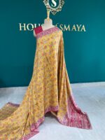 Mustard Yellow Malai Silk Saree with Floral Print and Contrast Pink Border