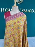 Mustard Yellow Malai Silk Saree with Floral Print and Contrast Pink Border - Image 3
