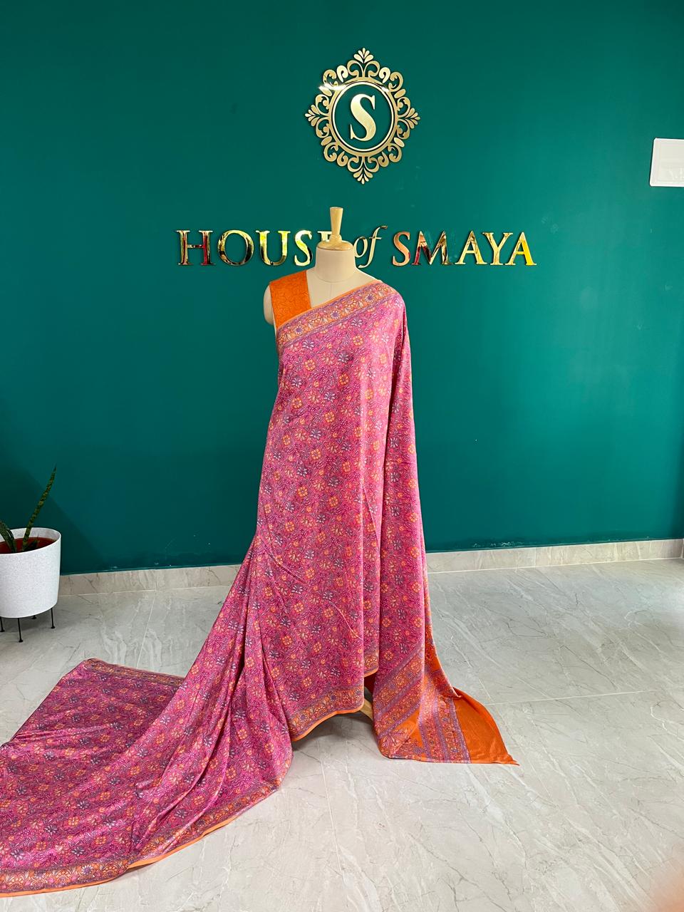 WhatsApp Image 2025-10-06 at 4.13.15 PM(3) Magenta and Orange Malai Silk Saree with Intricate Floral Print - Image 1