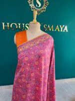 Magenta and Orange Malai Silk Saree with Intricate Floral Print - Image 2