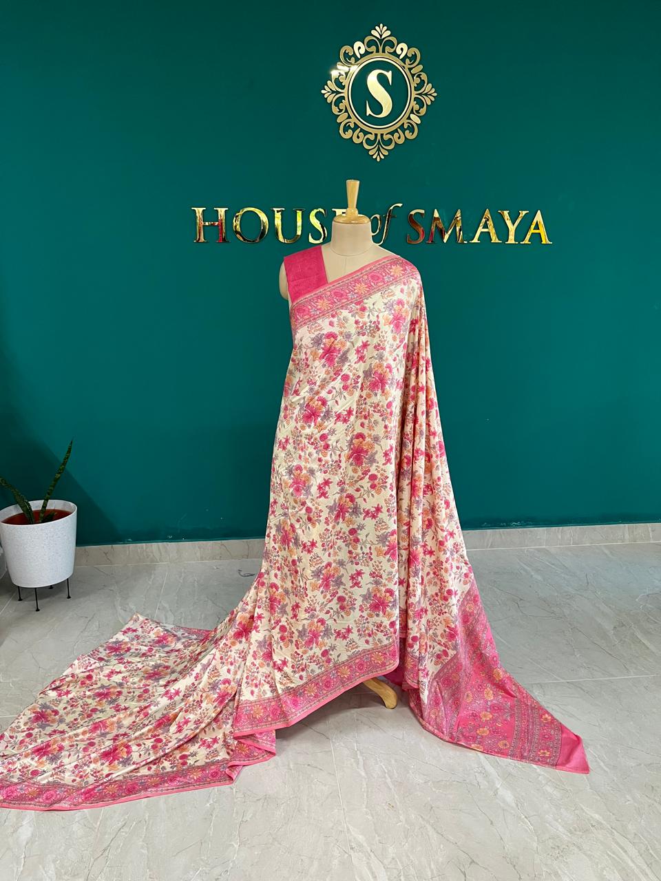 WhatsApp Image 2025-10-06 at 5.26.51 PM Ivory Malai Silk Saree with Pink Floral Print and Contrast Border - Image 1