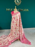 Ivory Malai Silk Saree with Pink Floral Print and Contrast Border - Image 3