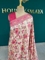 Ivory Malai Silk Saree with Pink Floral Print and Contrast Border - Image 2