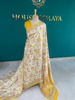 Ivory Malai Silk Saree with Yellow Floral Print and Contrast Border