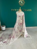 Ivory Tussar Cotton Silk Saree with Soft Pink Floral Print and Crochet Border - Image 3