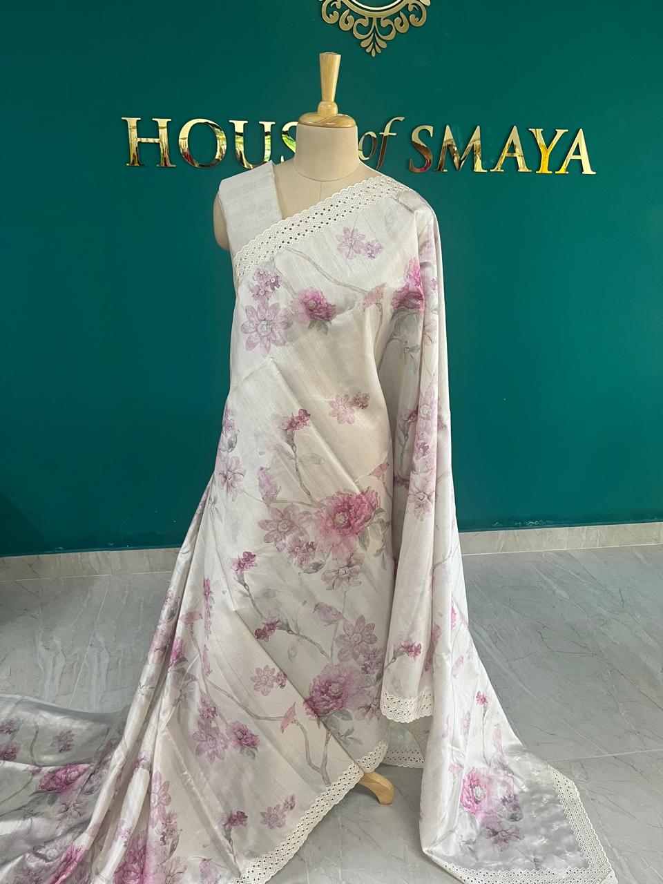 WhatsApp Image 2025-10-06 at 5.27.30 PM Ivory Tussar Cotton Silk Saree with Soft Pink Floral Print and Crochet Border - Image 1
