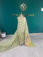 Pastel Green Linen Saree with Floral Embroidery and Striped Pattern - Image 2