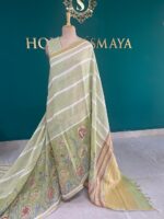 Pastel Green Linen Saree with Floral Embroidery and Striped Pattern
