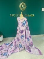 Lavender Linen Saree with Blue and Purple Floral Print