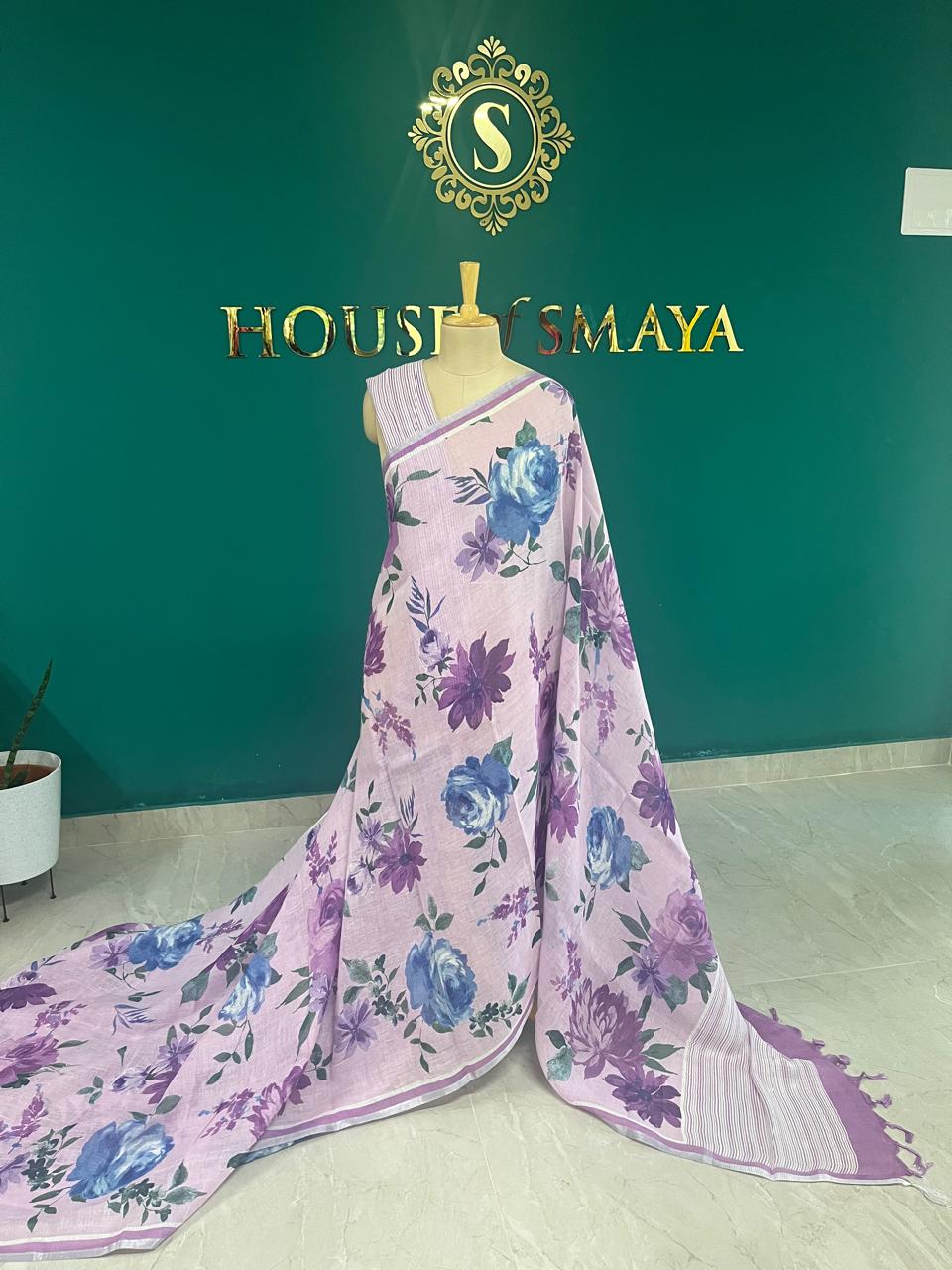 WhatsApp Image 2025-10-06 at 5.55.40 PM(1) Lavender Linen Saree with Blue and Purple Floral Print - Image 1