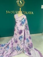 Lavender Linen Saree with Blue and Purple Floral Print - Image 3