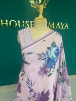 Lavender Linen Saree with Blue and Purple Floral Print - Image 2