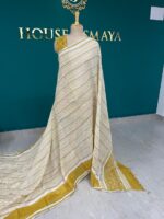 Beige Linen Saree with Mustard Border and Woven Stripes - Image 2